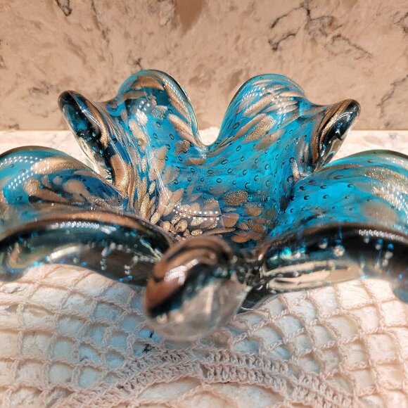 VINTAGE VENETIAN MURANO ART GLASS BOWL BLUE TURQUOISE GOLD SWIRL BUBBLES LEAF - Picture 3 of 9